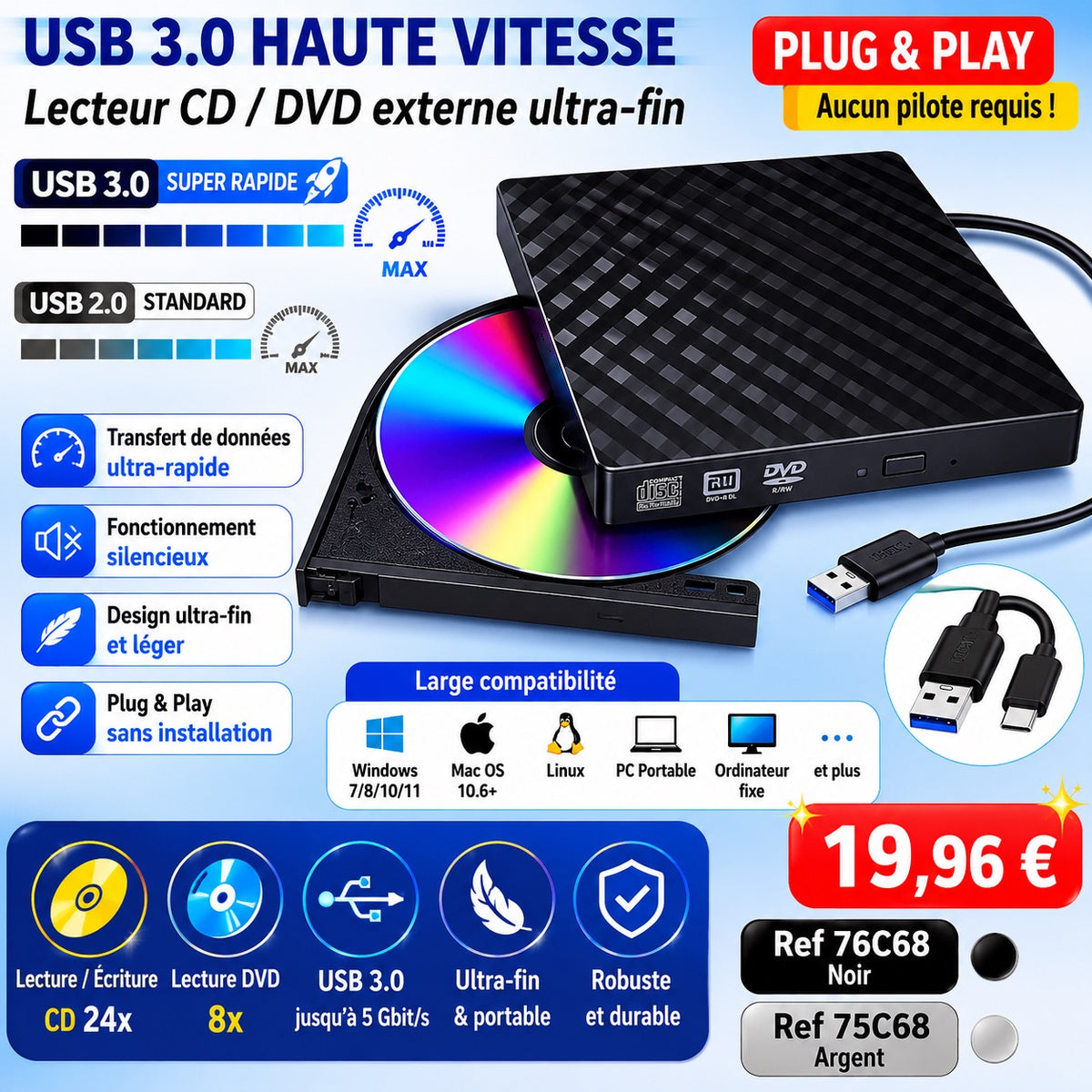 ✨ LECTEUR  NOIR / GRAVEUR CD DVD EXTERNE USB 3.0 & USB-C ✨
