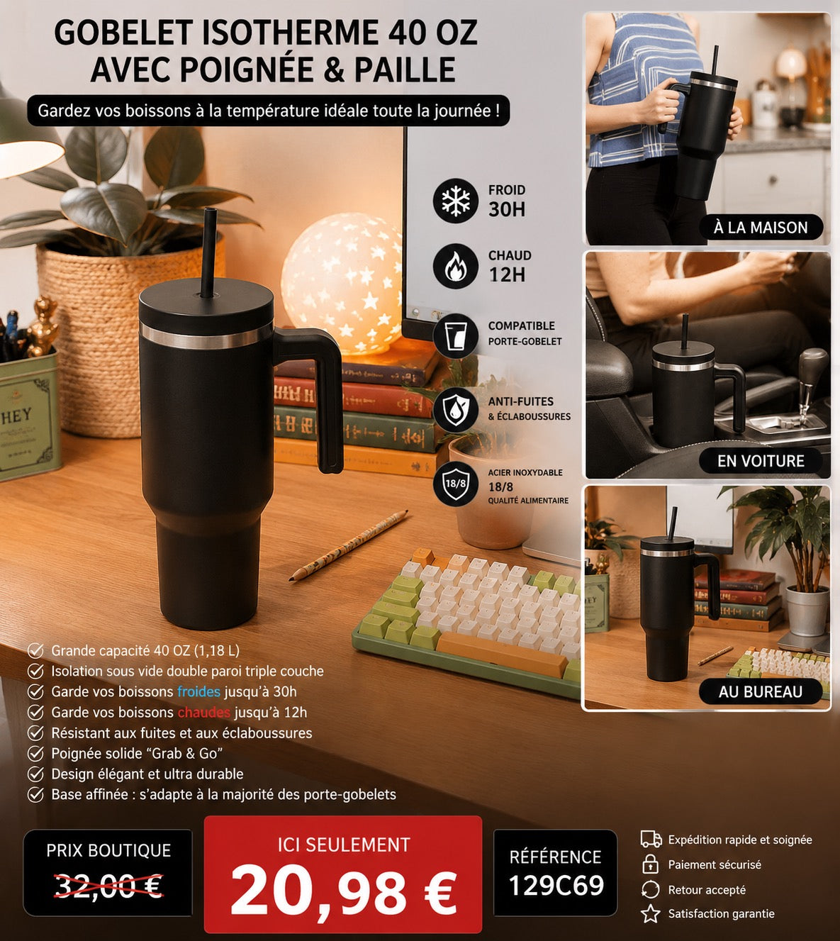 ✨ THERMO XXL ISOTHERME 40 OZ AVEC POIGNÉE & PAILLE ✨