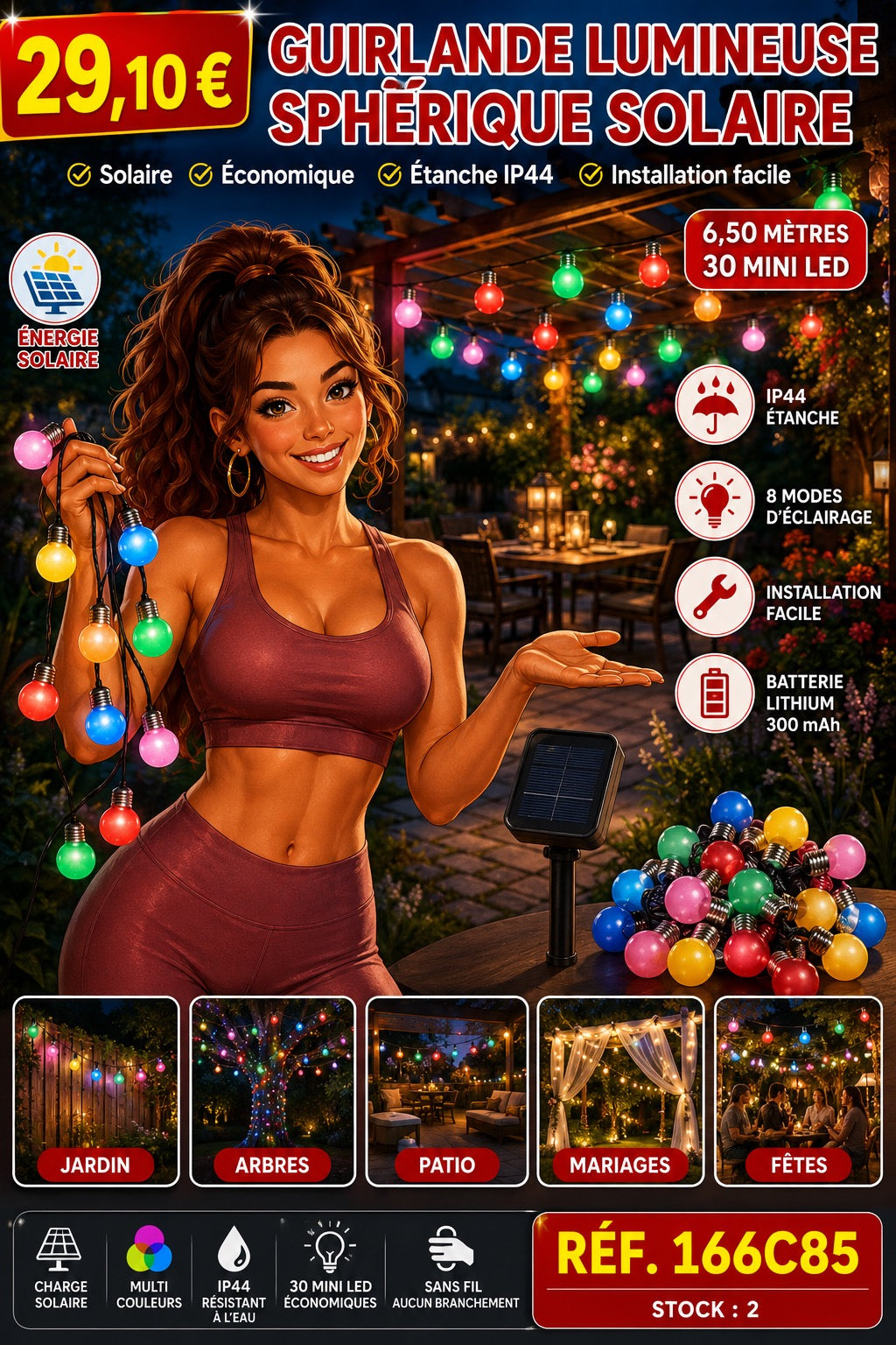 🌴 Guirlande lumineuse solaire multicolore 6,50 m – 30 LED – IP44 – 8 modes d'éclairage