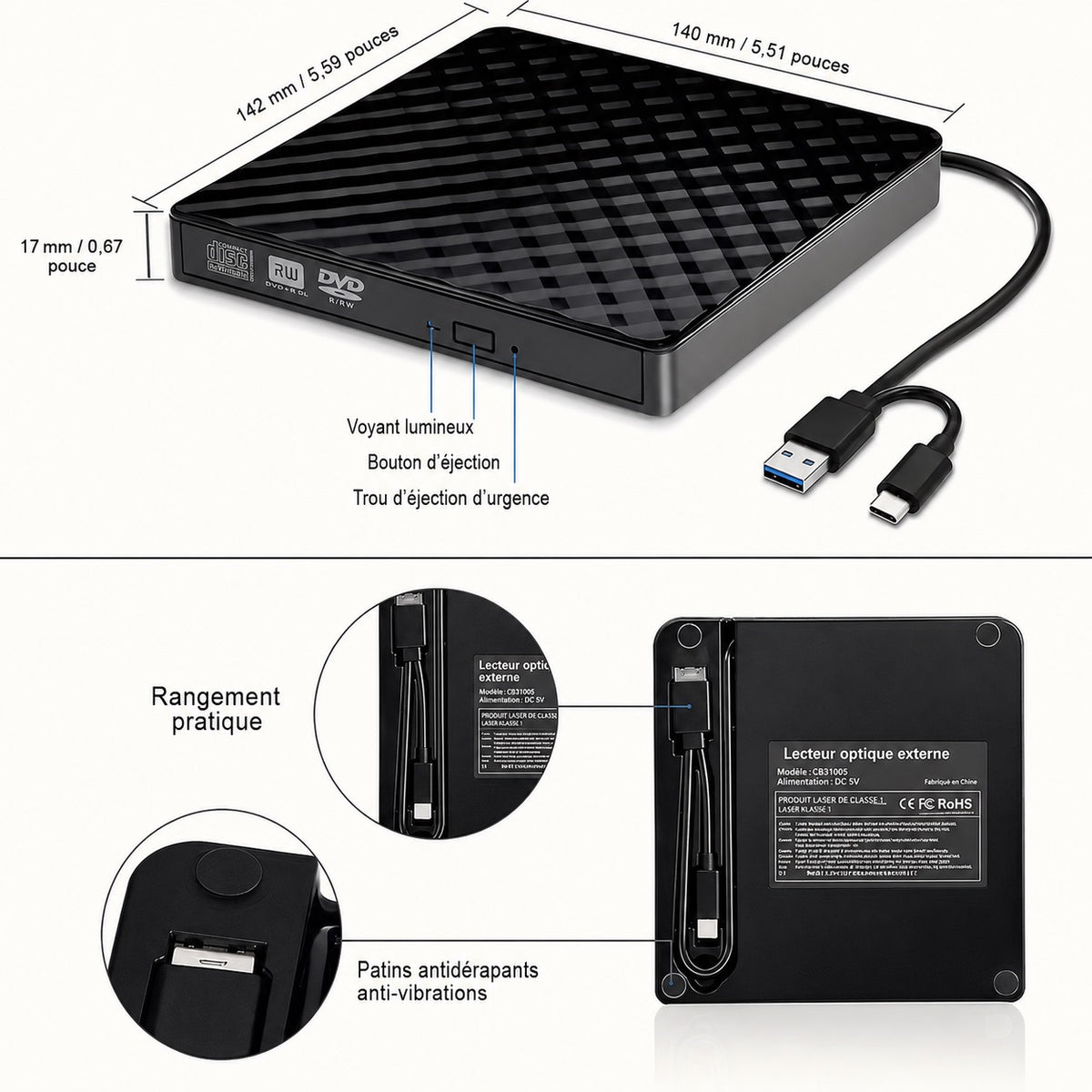 ✨ LECTEUR  NOIR / GRAVEUR CD DVD EXTERNE USB 3.0 & USB-C ✨