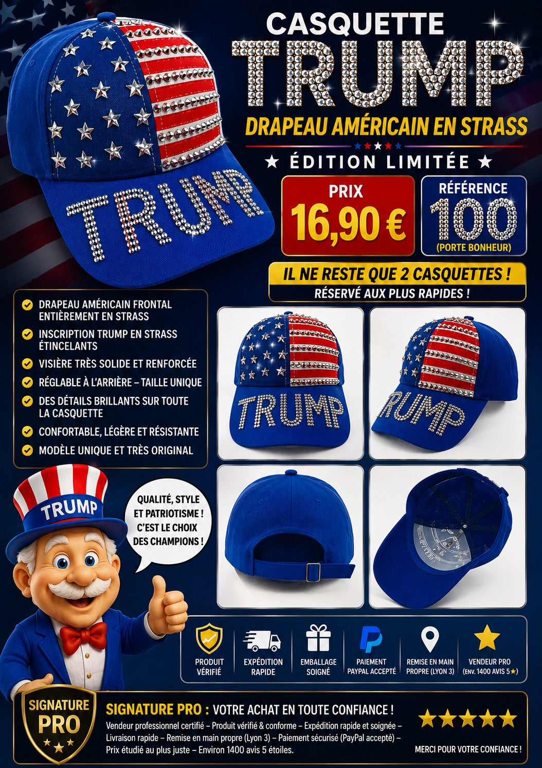 🇺🇸 CASQUETTE TRUMP STRASS – ÉDITION LIMITÉE 🇺🇸