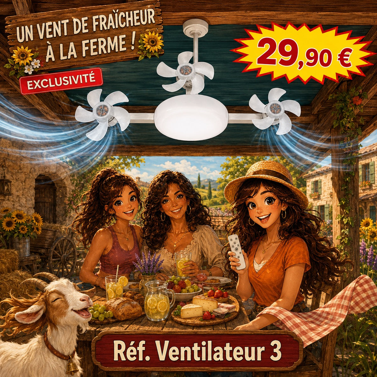 Ventilateur plafonnier LED E27 F3+ – 3 moteurs – 3 têtes orientables