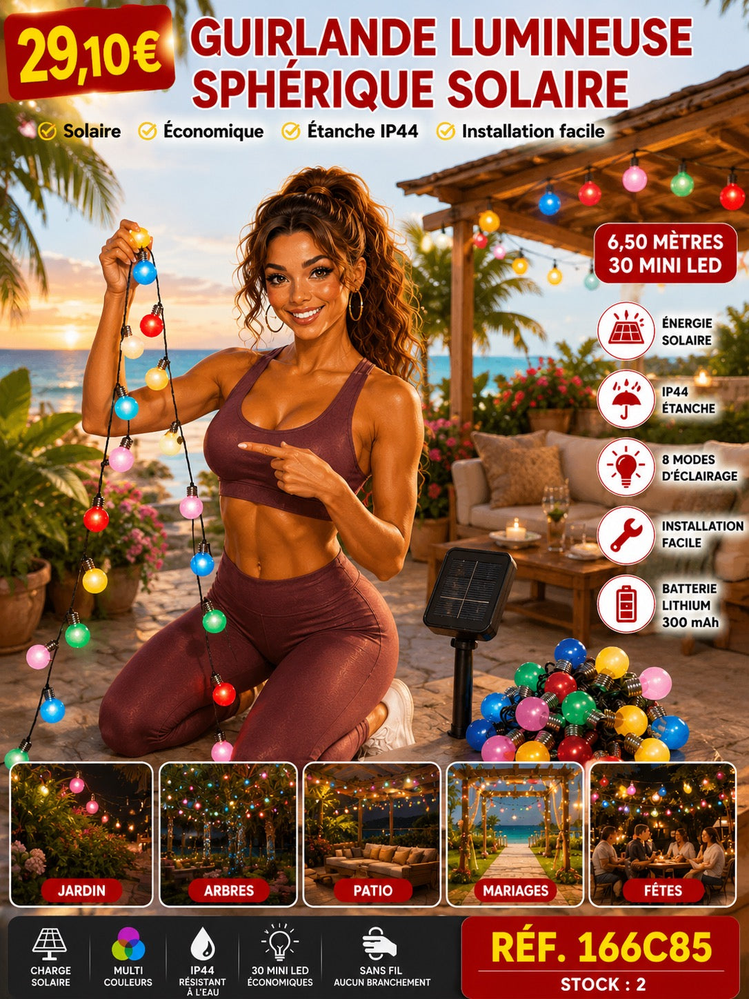 🌴 Guirlande lumineuse solaire multicolore 6,50 m – 30 LED – IP44 – 8 modes d'éclairage