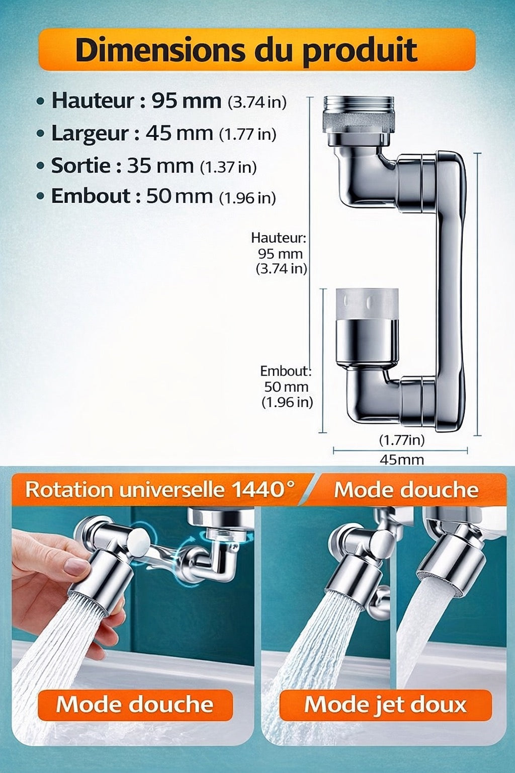 Aérateur de robinet rotatif 1080°