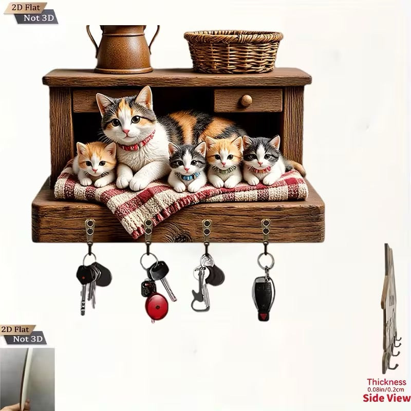 ÉTAGÈRE À CLÉS MURALE – FAMILLE DE CHATS EN TROMPE-L’ŒIL 3D 🐱✨