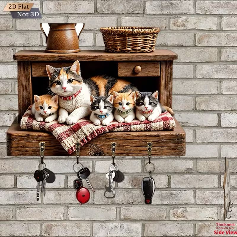 ÉTAGÈRE À CLÉS MURALE – FAMILLE DE CHATS EN TROMPE-L’ŒIL 3D 🐱✨