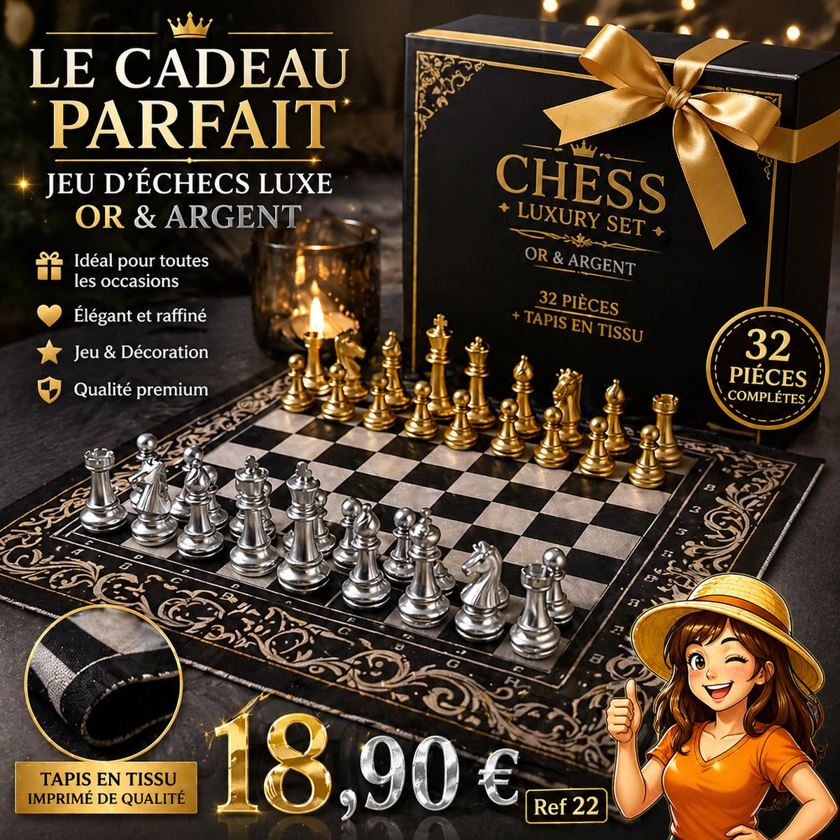 SET ÉCHECS LUXE OR ARGENT + TAPIS EN TISSU