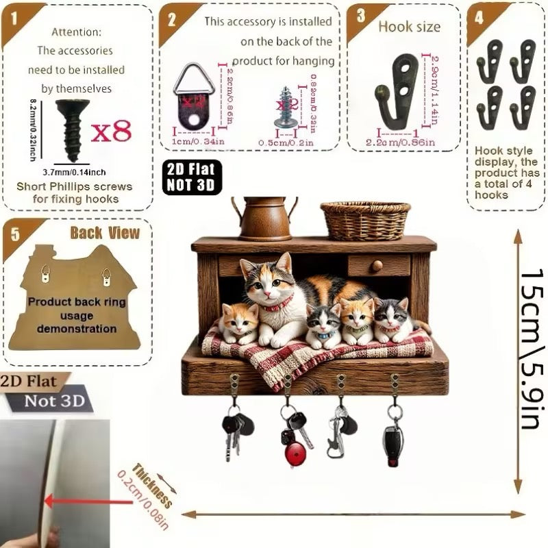 ÉTAGÈRE À CLÉS MURALE – FAMILLE DE CHATS EN TROMPE-L’ŒIL 3D 🐱✨