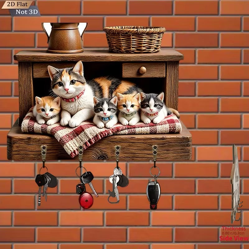 ÉTAGÈRE À CLÉS MURALE – FAMILLE DE CHATS EN TROMPE-L’ŒIL 3D 🐱✨