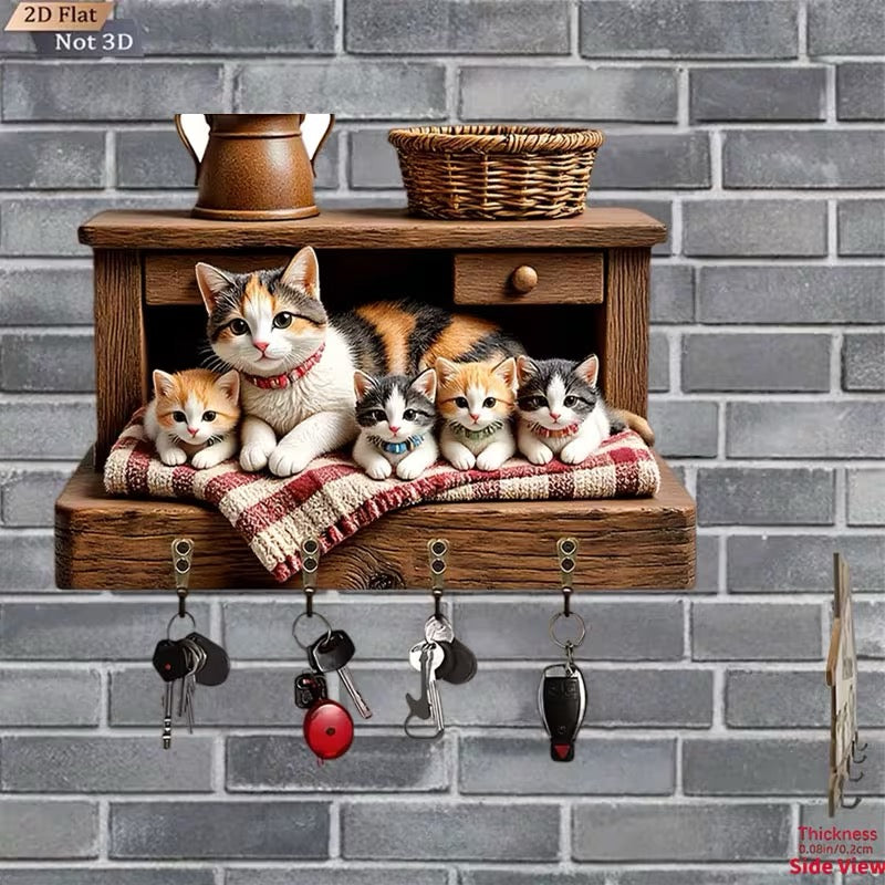 ÉTAGÈRE À CLÉS MURALE – FAMILLE DE CHATS EN TROMPE-L’ŒIL 3D 🐱✨
