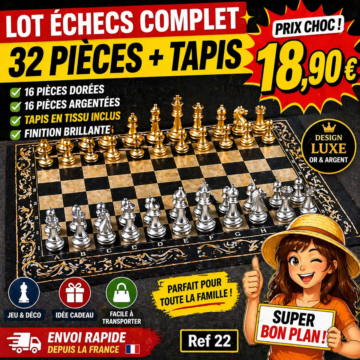 SET ÉCHECS LUXE OR ARGENT + TAPIS EN TISSU
