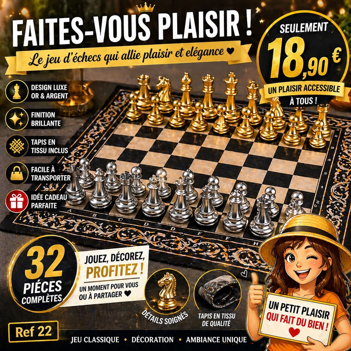 SET ÉCHECS LUXE OR ARGENT + TAPIS EN TISSU