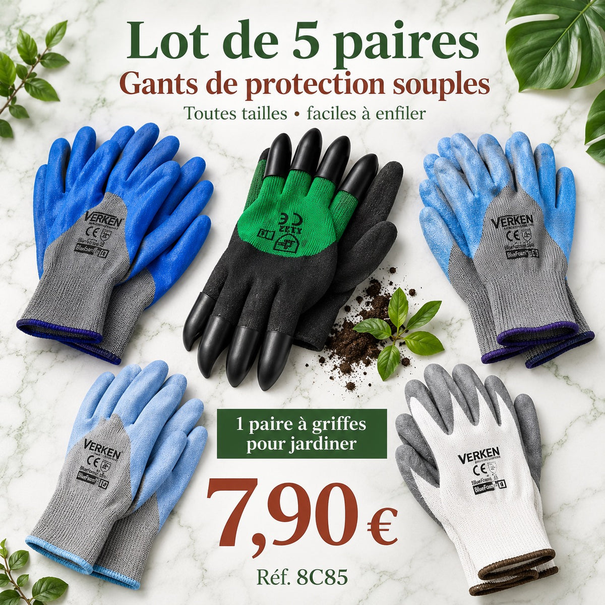 Lot de 5 paires de gants de protection souples – Jardinage, bricolage et manutention