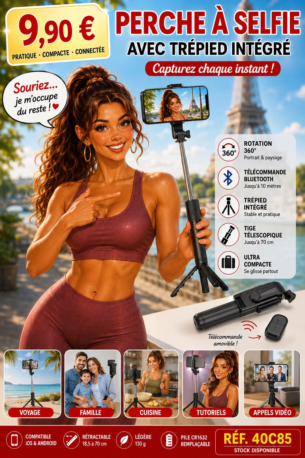 📸 Perche à Selfie Bluetooth avec Trépied Intégré – Rotation 360° – Télécommande Sans Fil – Ultra Compacte