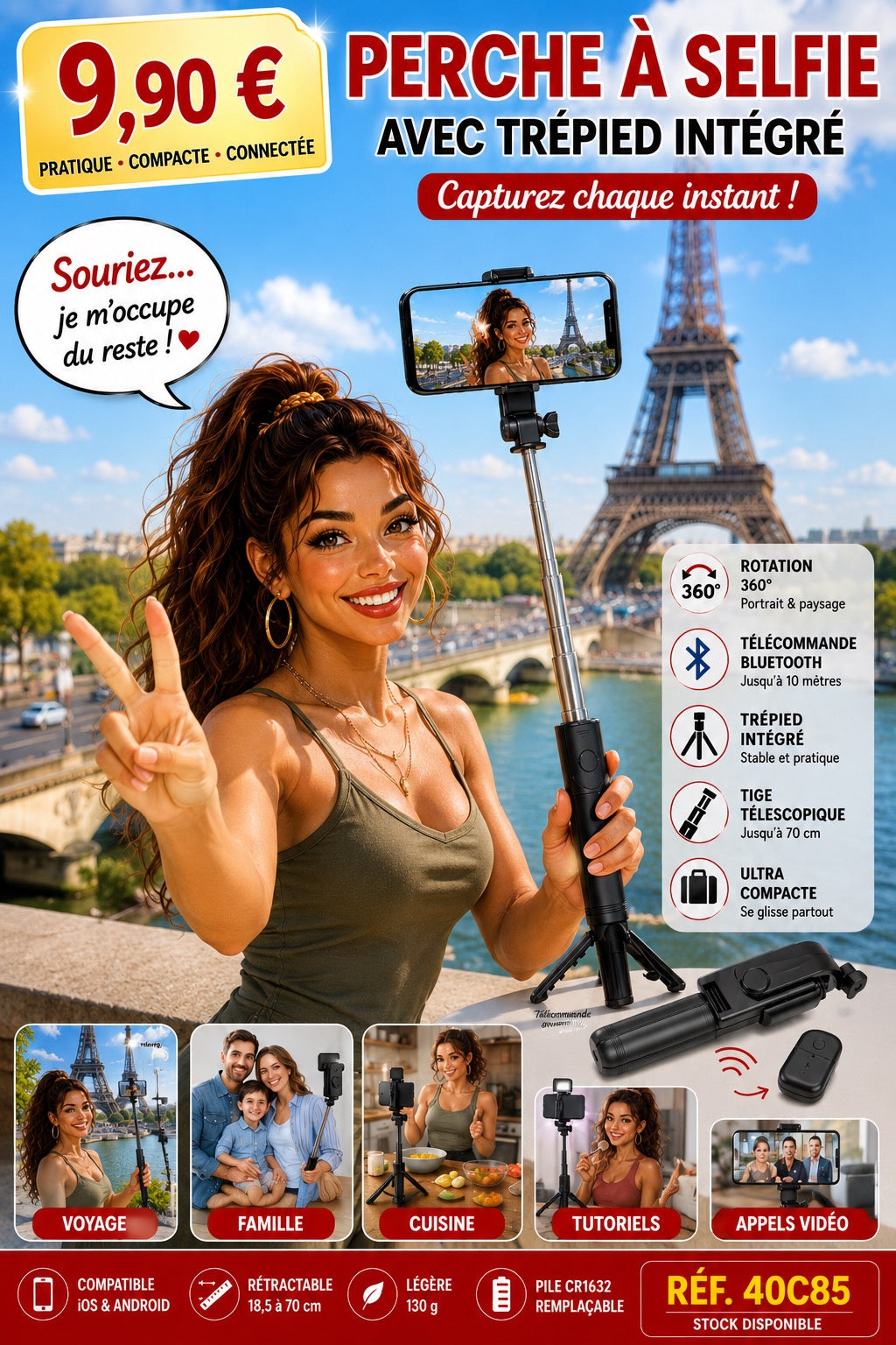 📸 Perche à Selfie Bluetooth avec Trépied Intégré – Rotation 360° – Télécommande Sans Fil – Ultra Compacte