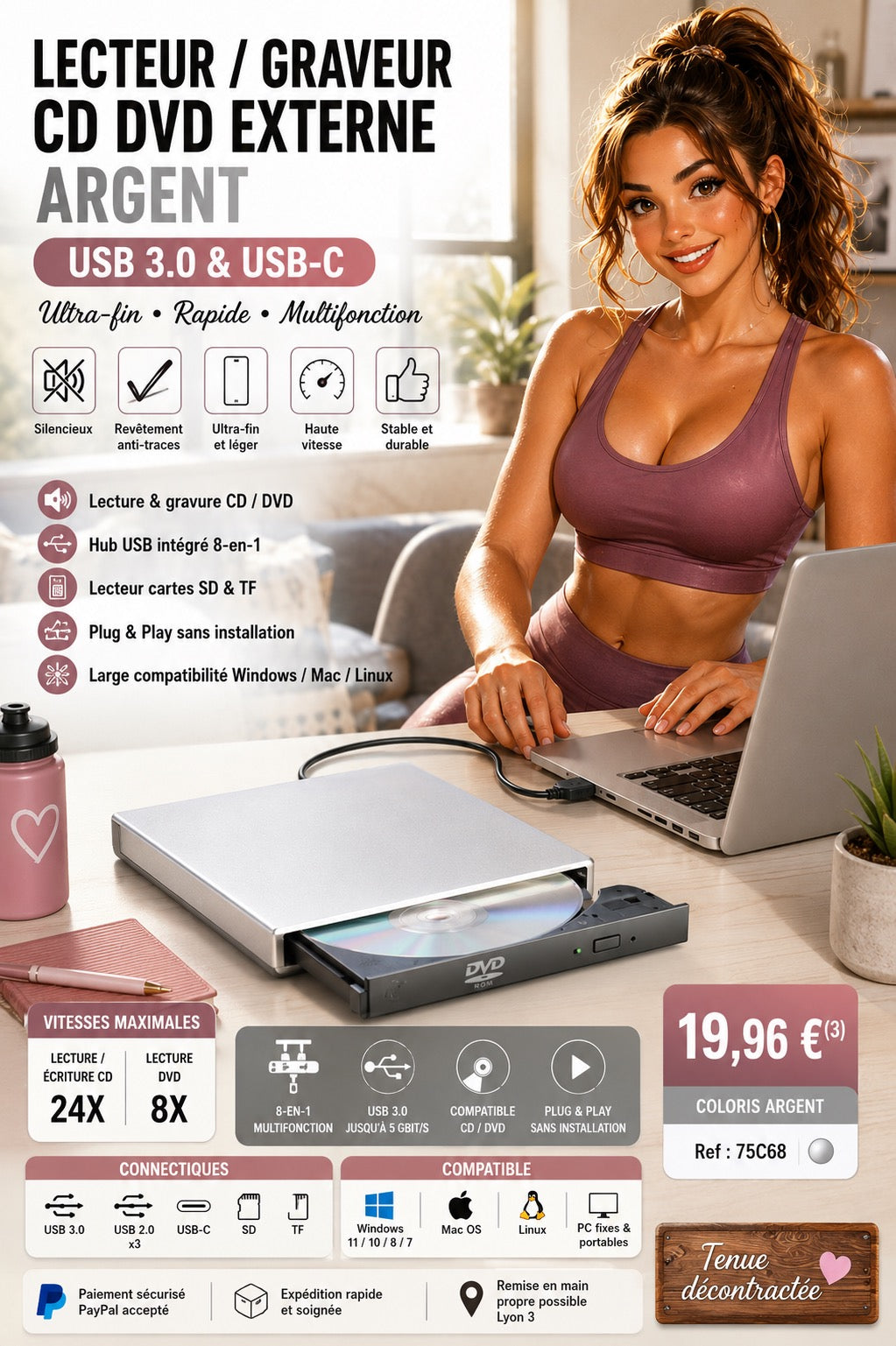 ✨ LECTEUR / GRAVEUR CD DVD EXTERNE ARGENT ✨