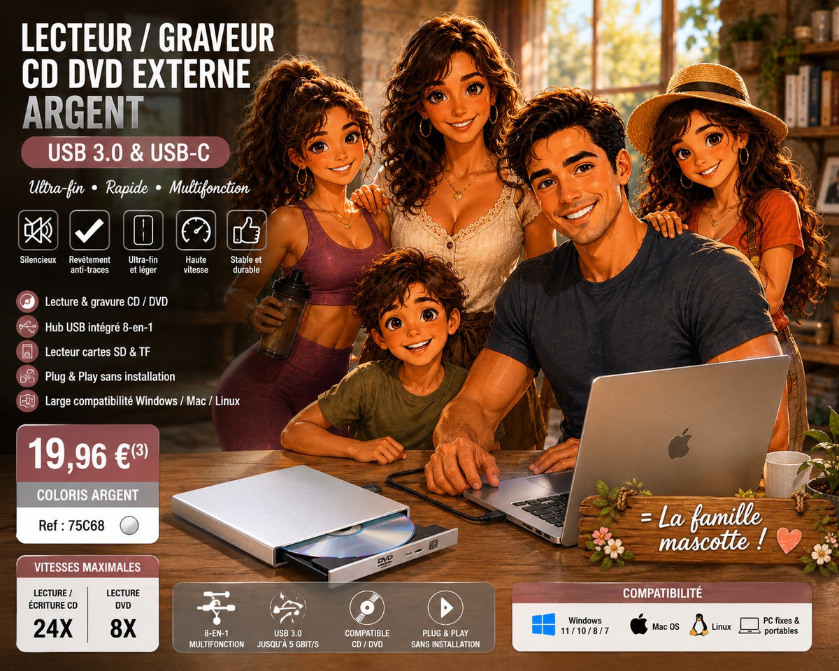 ✨ LECTEUR / GRAVEUR CD DVD EXTERNE ARGENT ✨