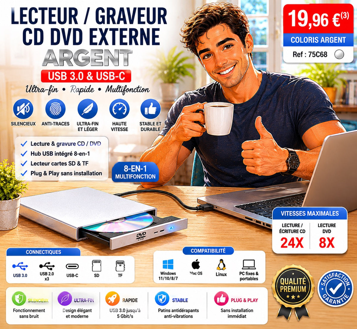 ✨ LECTEUR / GRAVEUR CD DVD EXTERNE ARGENT ✨