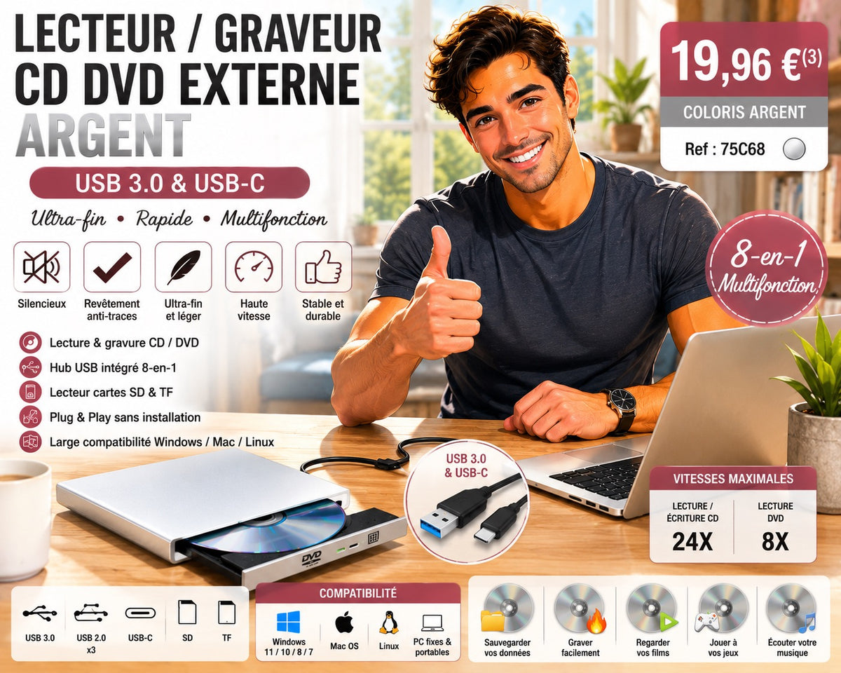 ✨ LECTEUR / GRAVEUR CD DVD EXTERNE ARGENT ✨