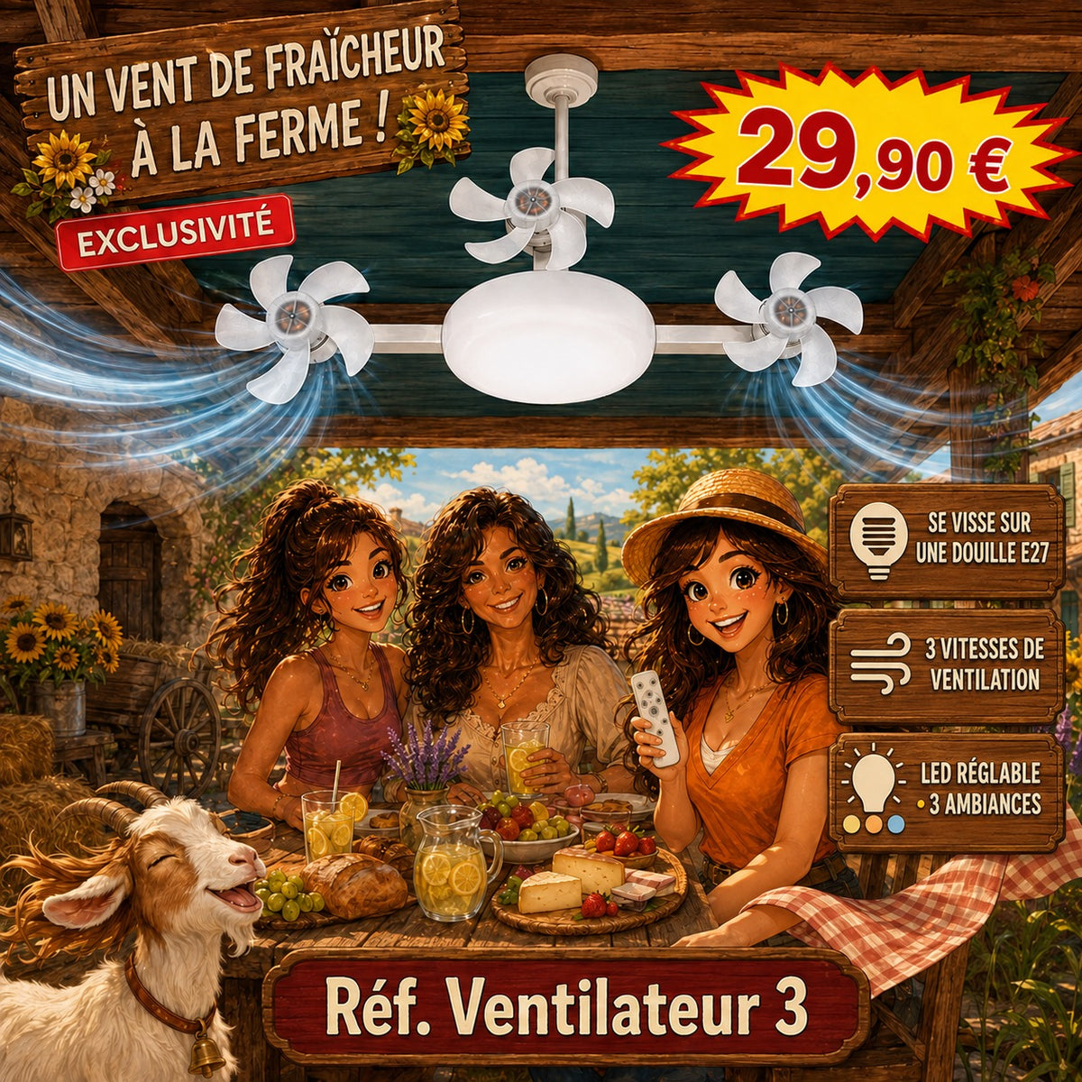 Ventilateur plafonnier LED E27 F3+ – 3 moteurs – 3 têtes orientables