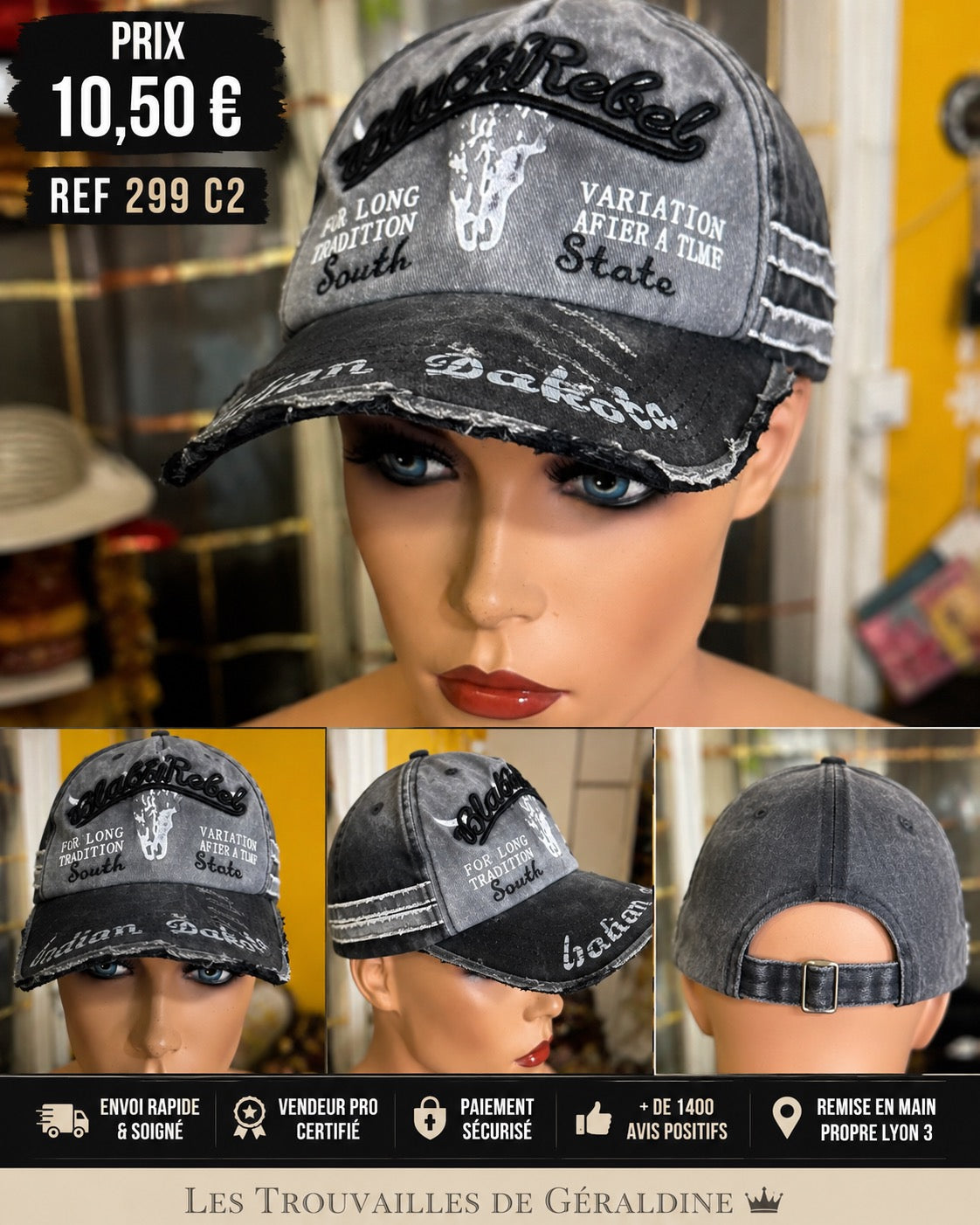 🧢 CASQUETTE VINTAGE DENIM DÉLAVÉ – STYLE BLACK REBEL