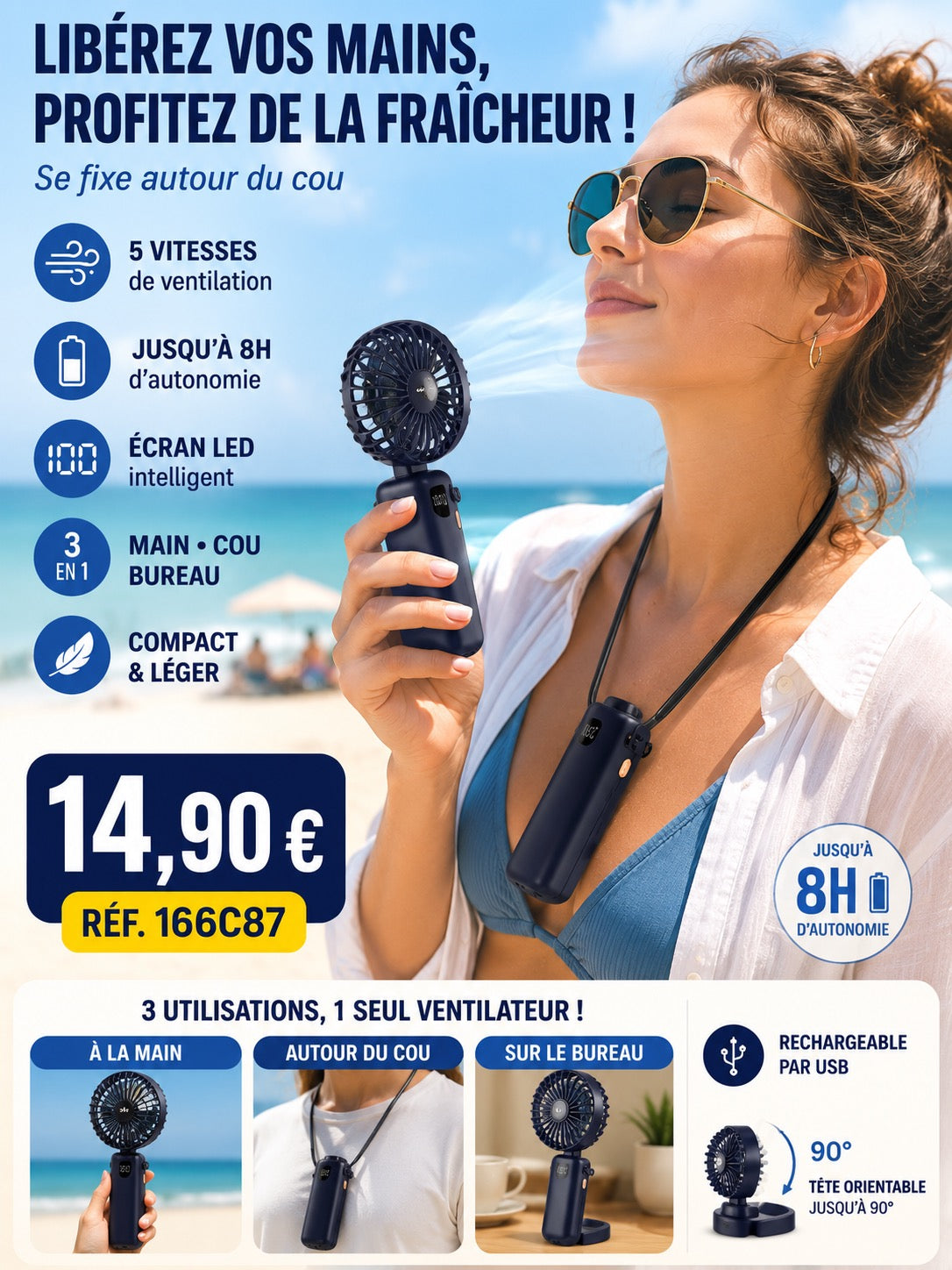 🌬️ MINI VENTILATEUR KOONIE 3-EN-1 – 5 VITESSES