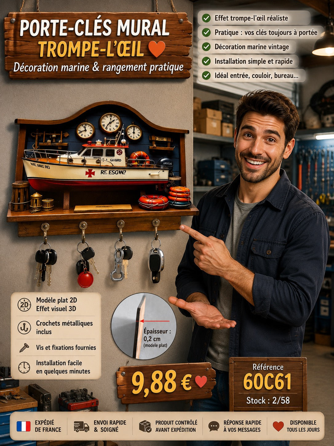 PORTE-CLÉS MURAL TROMPE-L’ŒIL – BATEAU DE SAUVETAGE VINTAGE