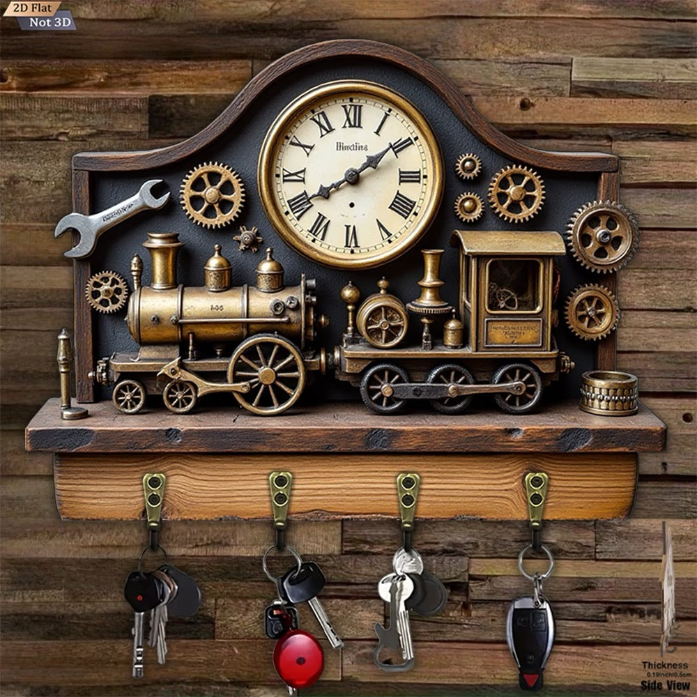 ✨ PORTE-CLÉS MURAL TROMPE-L’ŒIL – LOCOMOTIVE VINTAGE 🚂⚙️ ✨