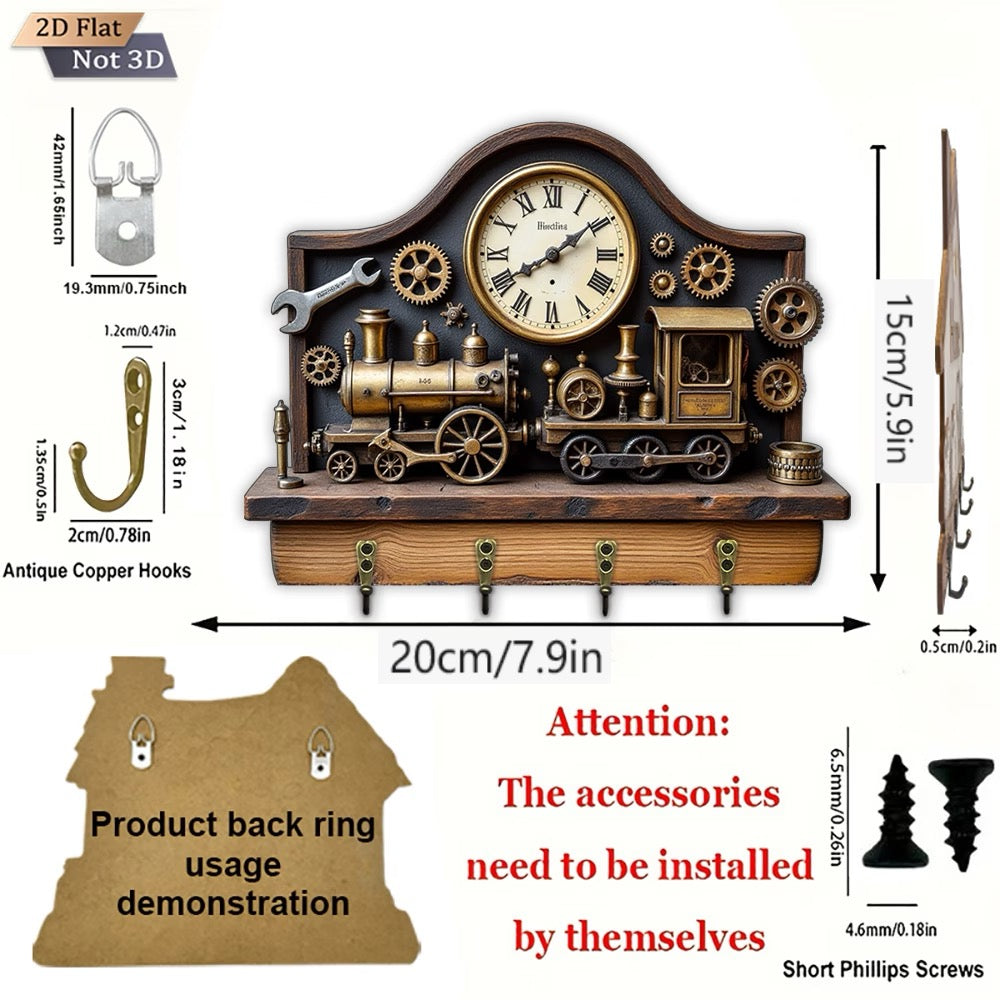 ✨ PORTE-CLÉS MURAL TROMPE-L’ŒIL – LOCOMOTIVE VINTAGE 🚂⚙️ ✨