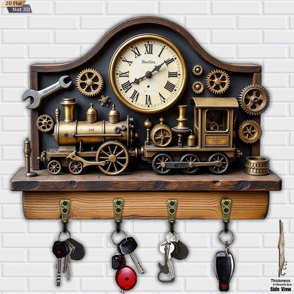 ✨ PORTE-CLÉS MURAL TROMPE-L’ŒIL – LOCOMOTIVE VINTAGE 🚂⚙️ ✨