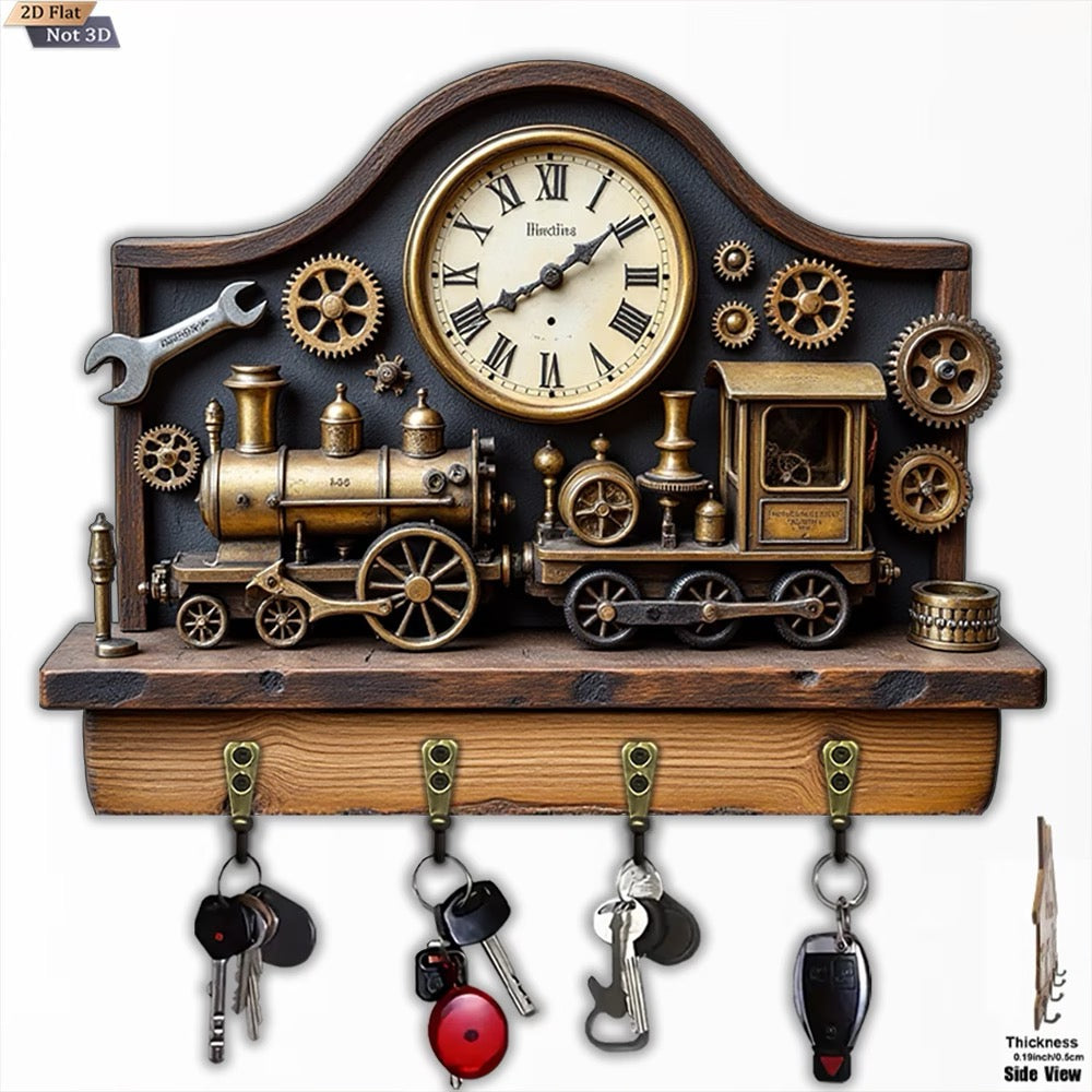 ✨ PORTE-CLÉS MURAL TROMPE-L’ŒIL – LOCOMOTIVE VINTAGE 🚂⚙️ ✨