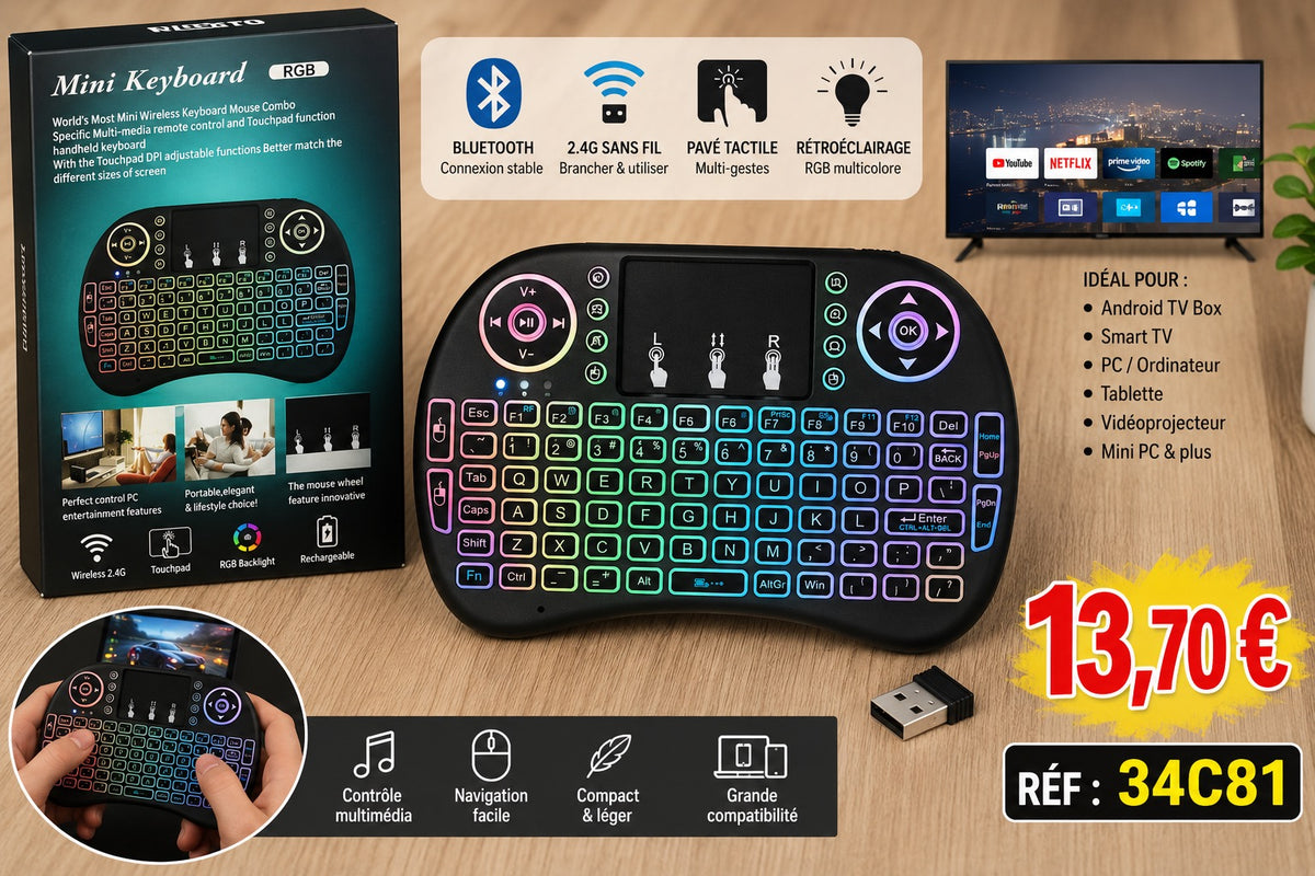 🌈 Mini clavier sans fil Bluetooth &amp; 2.4G avec pavé tactile – Rétroéclairage RGB – Android TV, PC, Smart TV