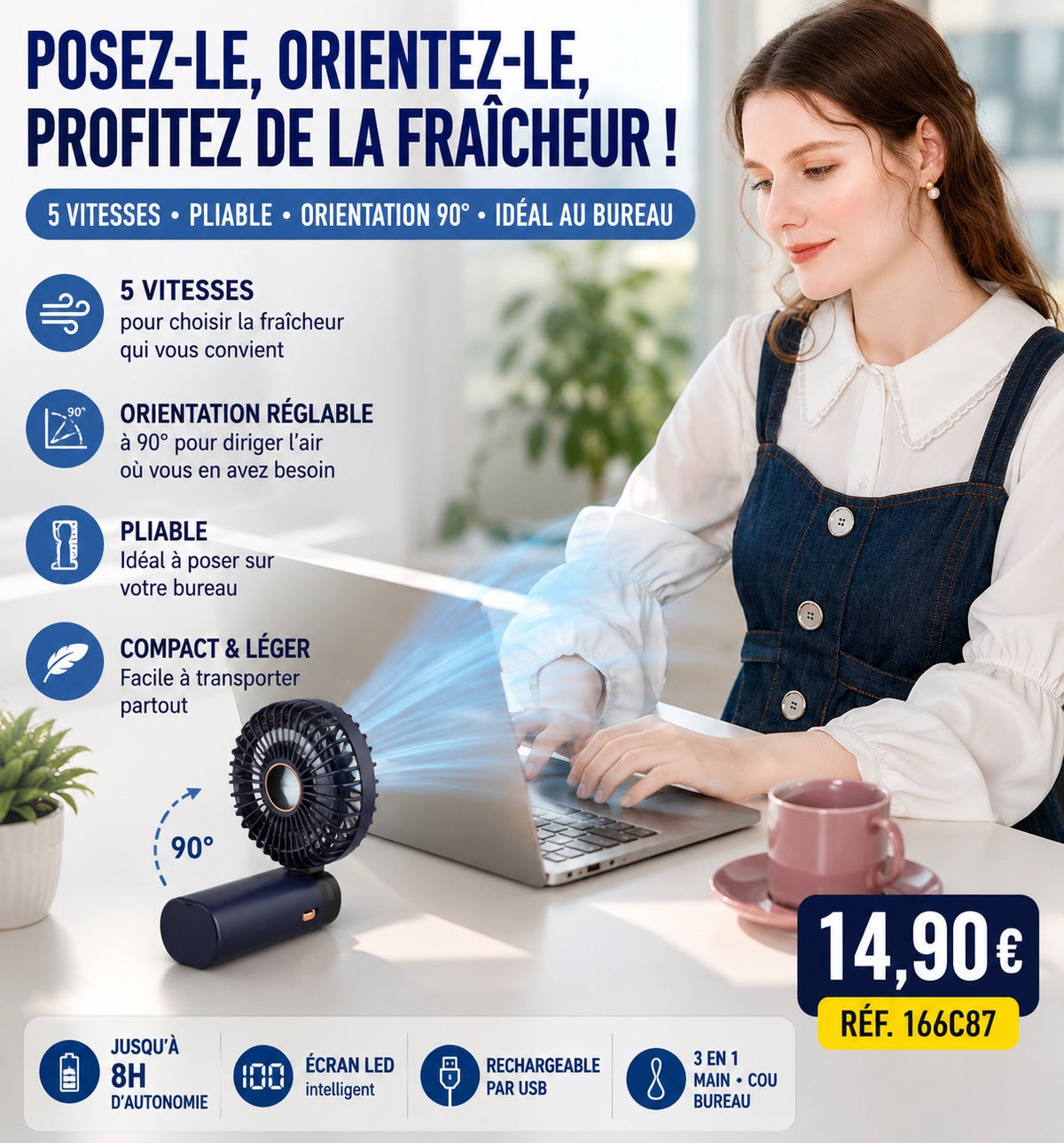 🌬️ MINI VENTILATEUR KOONIE 3-EN-1 – 5 VITESSES