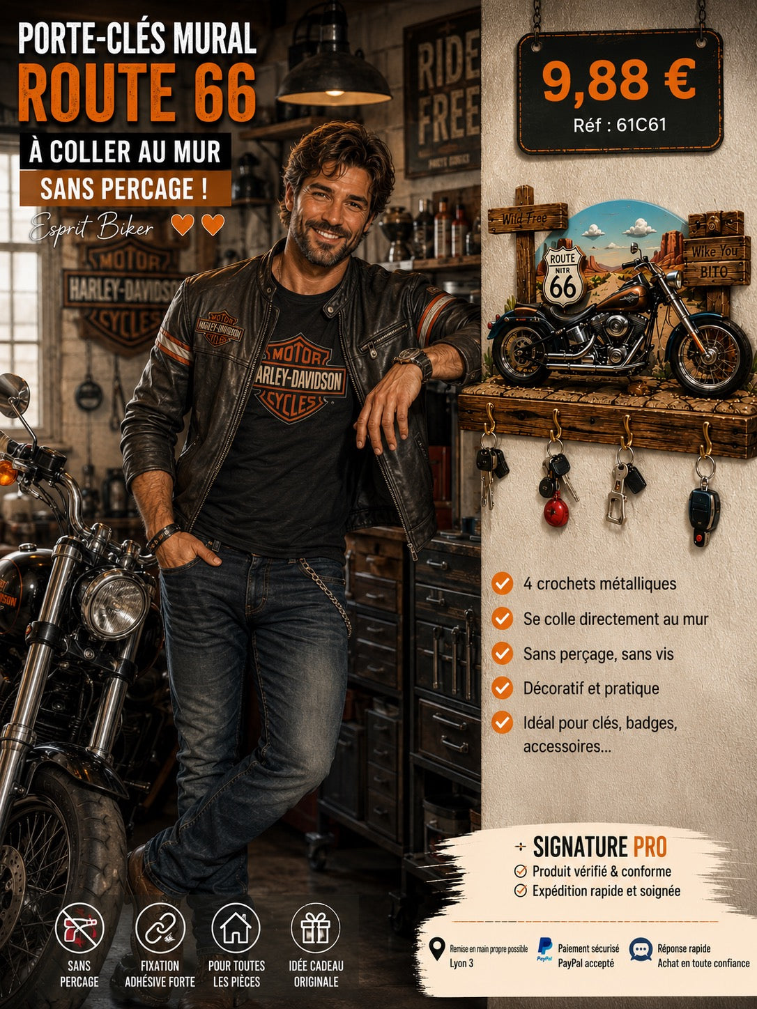 ✨ PORTE-CLÉS MURAL ROUTE 66 – STYLE MOTO CUSTOM ✨