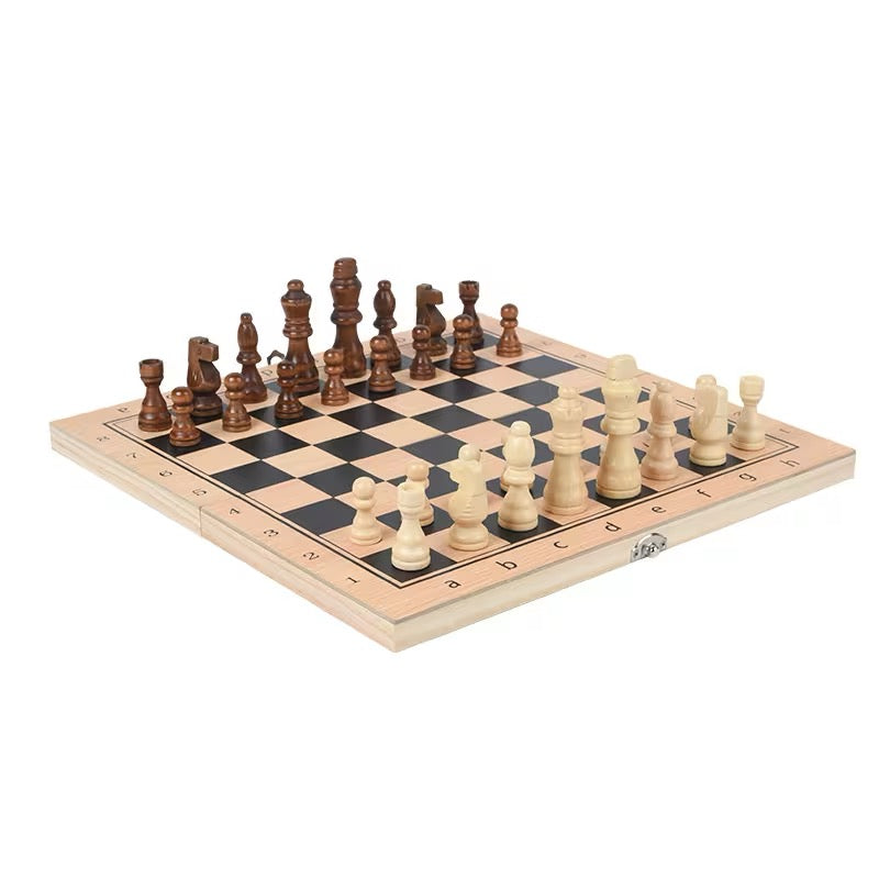 ENSEMBLE ÉCHECS 3-EN-1 EN BOIS – ÉCHECS ♟️ DAMES ⚪⚫ BACKGAMMON 🎲 ✨
