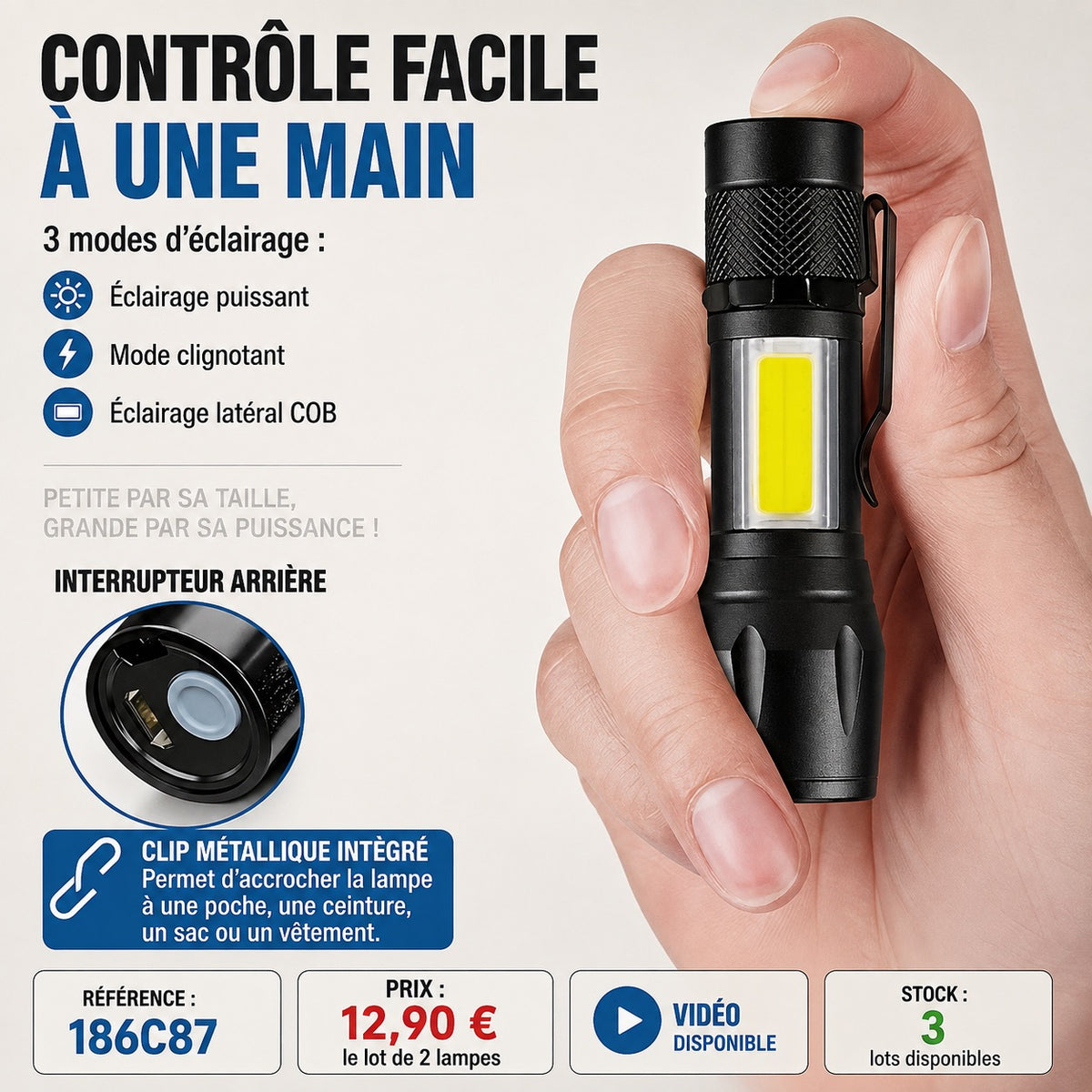 🔦 Lot de 2 Mini Lampes Torches LED Rechargeables USB – Zoom Télescopique – COB Haute Luminosité