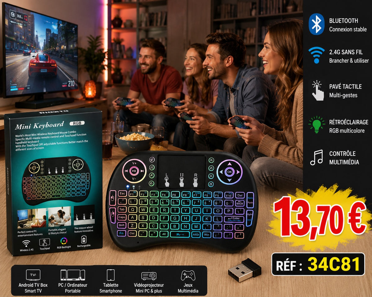 🌈 Mini clavier sans fil Bluetooth &amp; 2.4G avec pavé tactile – Rétroéclairage RGB – Android TV, PC, Smart TV