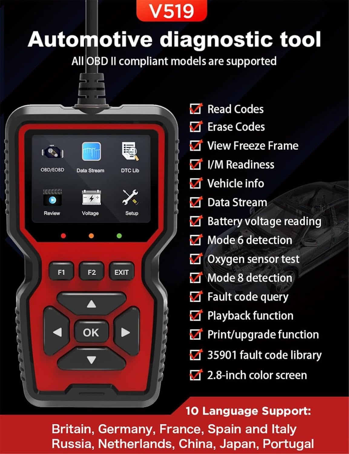 🔧 🚗 Auto-Diagnosescanner OBD2 V519 – Mehrmarken – Farbdisplay