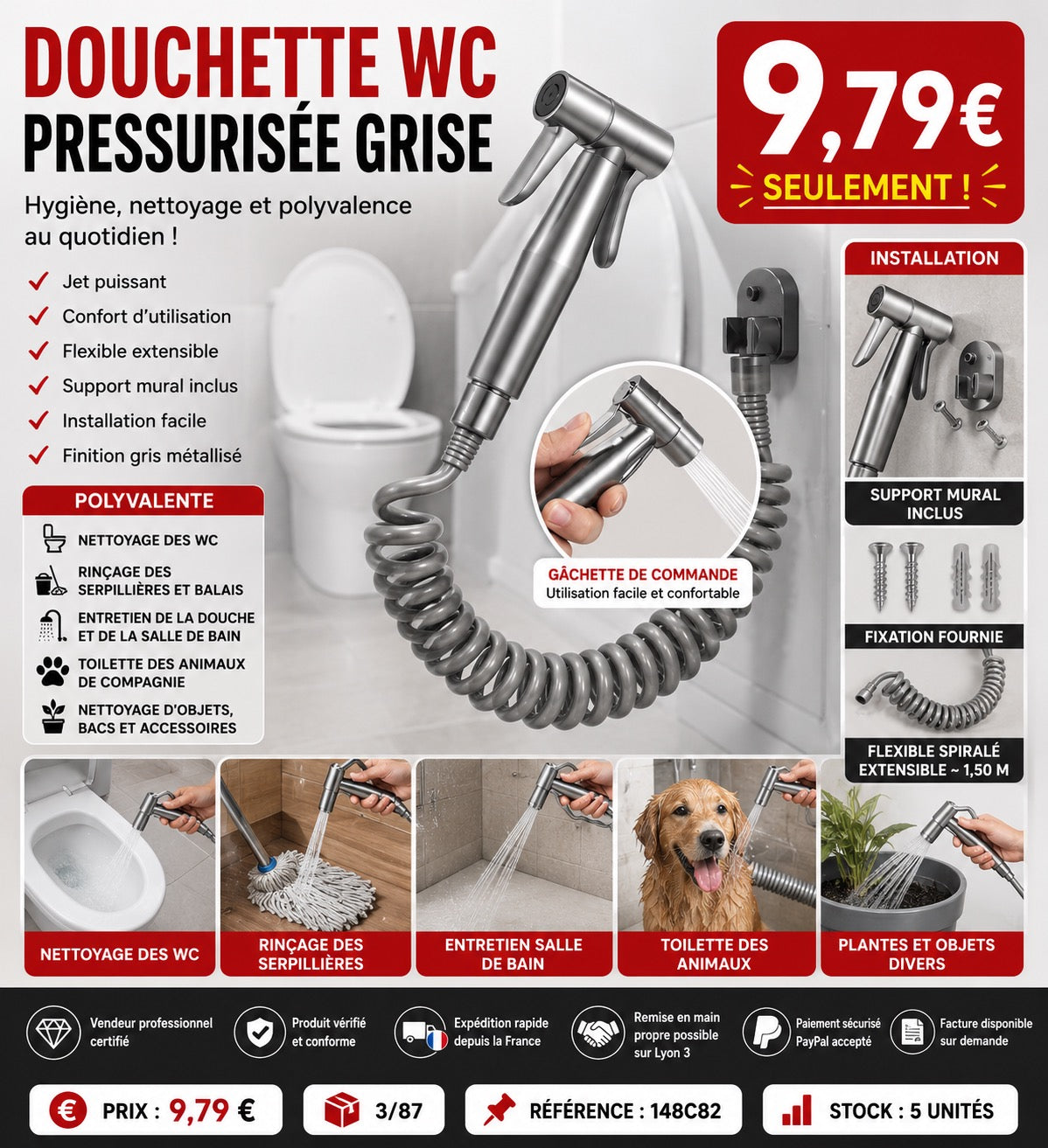 🚿 Douchette WC Pressurisée Grise – Hygiène, Nettoyage et Polyvalence !