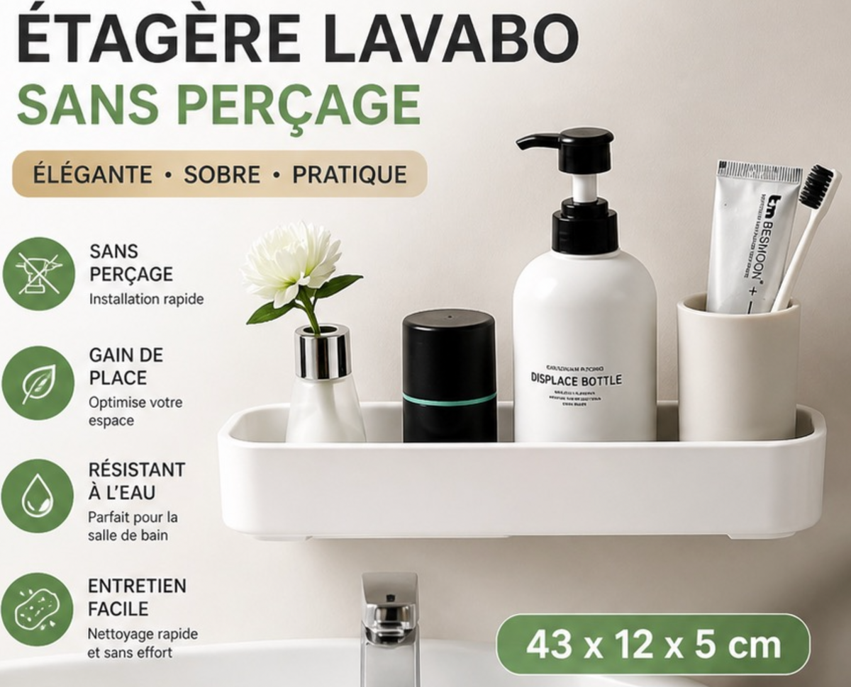 ÉTAGÈRE LAVABO MURALE – SANS PERÇAGE –