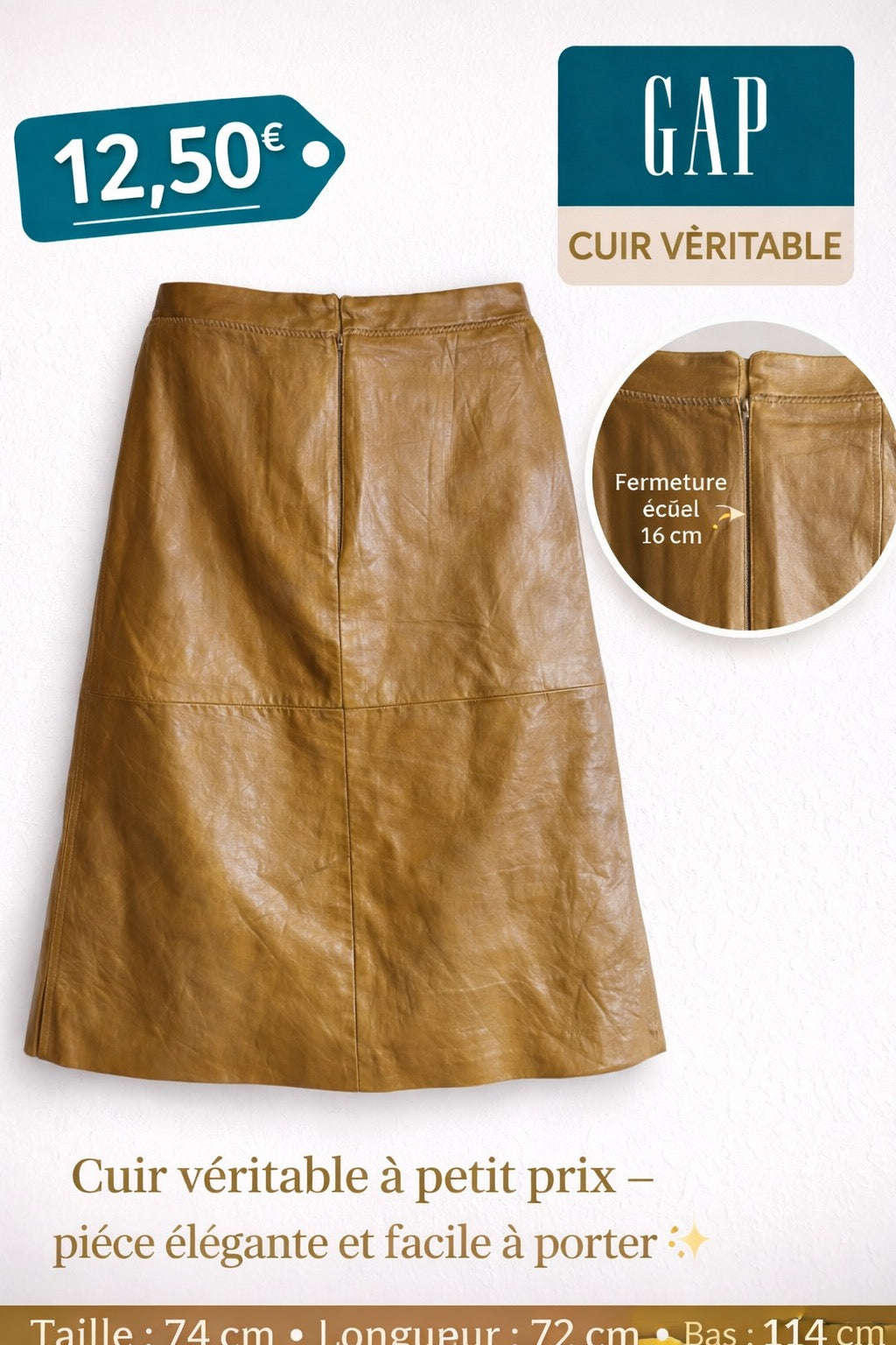 Jupe en Cuir Véritable GAP – Coupe Évasée Marron Clair