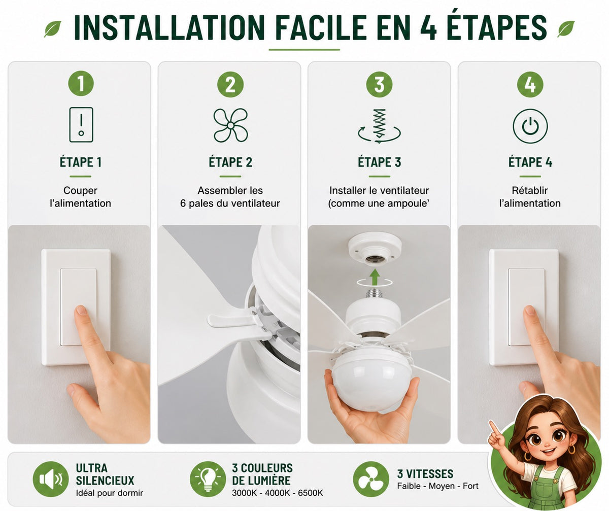 Ventilateur de Plafond LED avec Télécommande — Silencieux, 6 Pales, 3 Vitesses