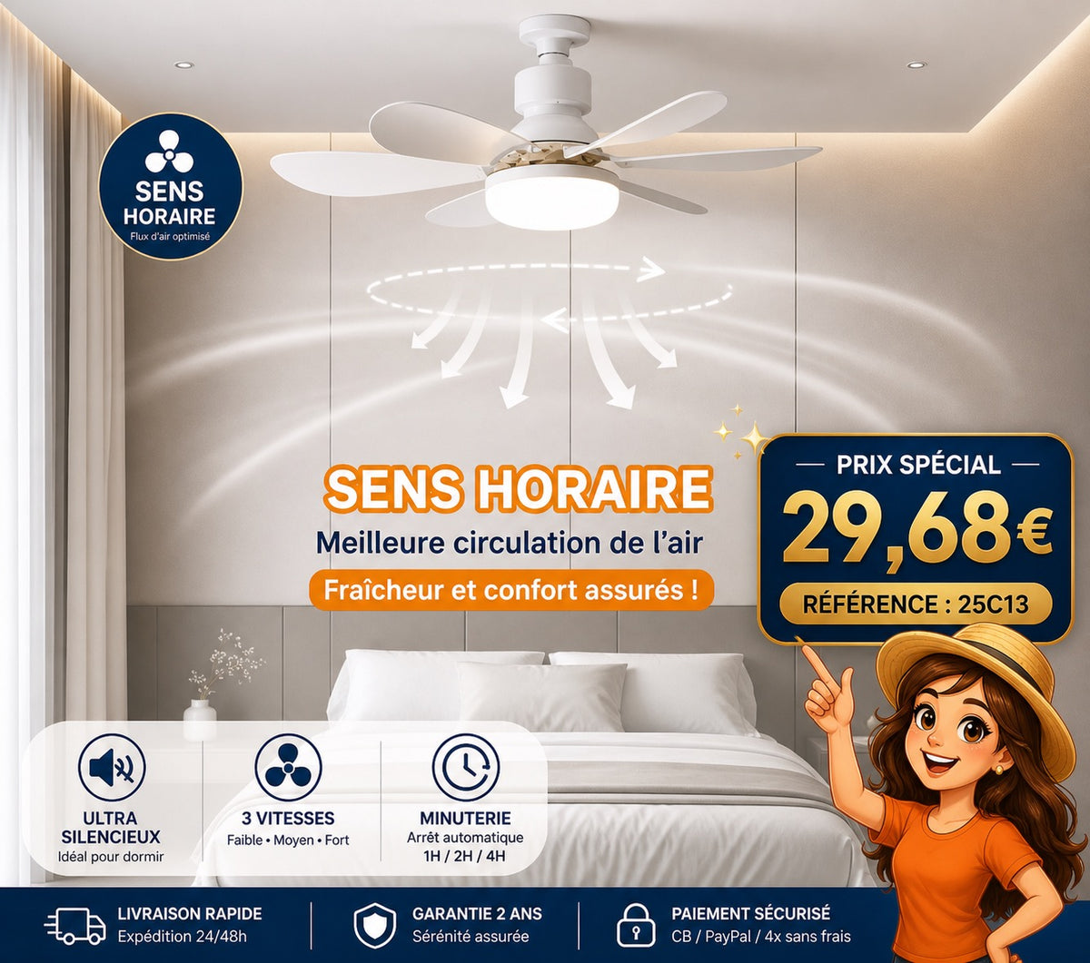 Ventilateur de Plafond LED avec Télécommande — Silencieux, 6 Pales, 3 Vitesses