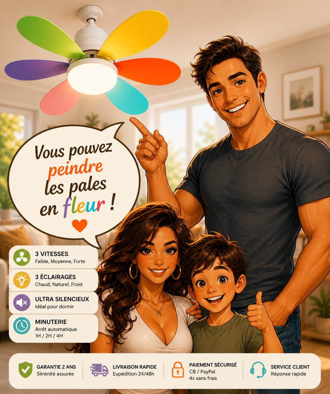 Ventilateur de Plafond LED avec Télécommande — Silencieux, 6 Pales, 3 Vitesses