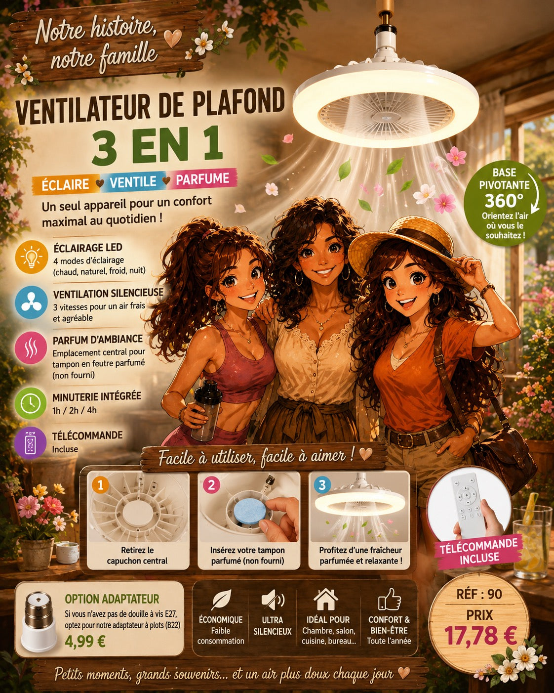 VENTILATEUR DE PLAFOND LED 3 EN 1 AVEC TÉLÉCOMMANDE