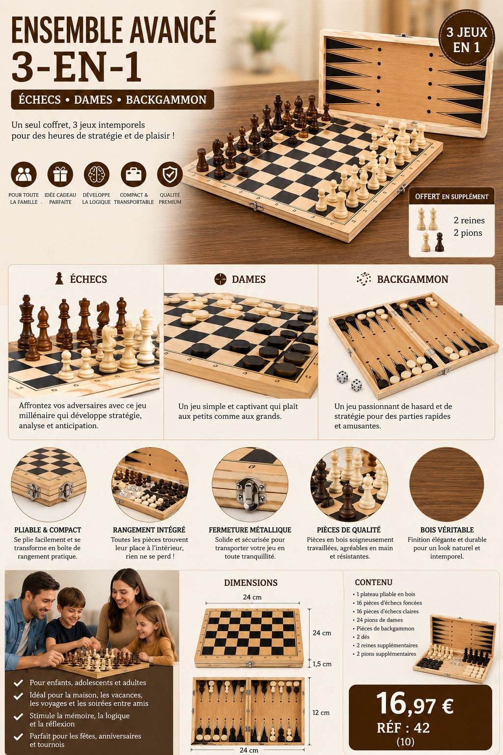 ENSEMBLE ÉCHECS 3-EN-1 EN BOIS – ÉCHECS ♟️ DAMES ⚪⚫ BACKGAMMON 🎲 ✨