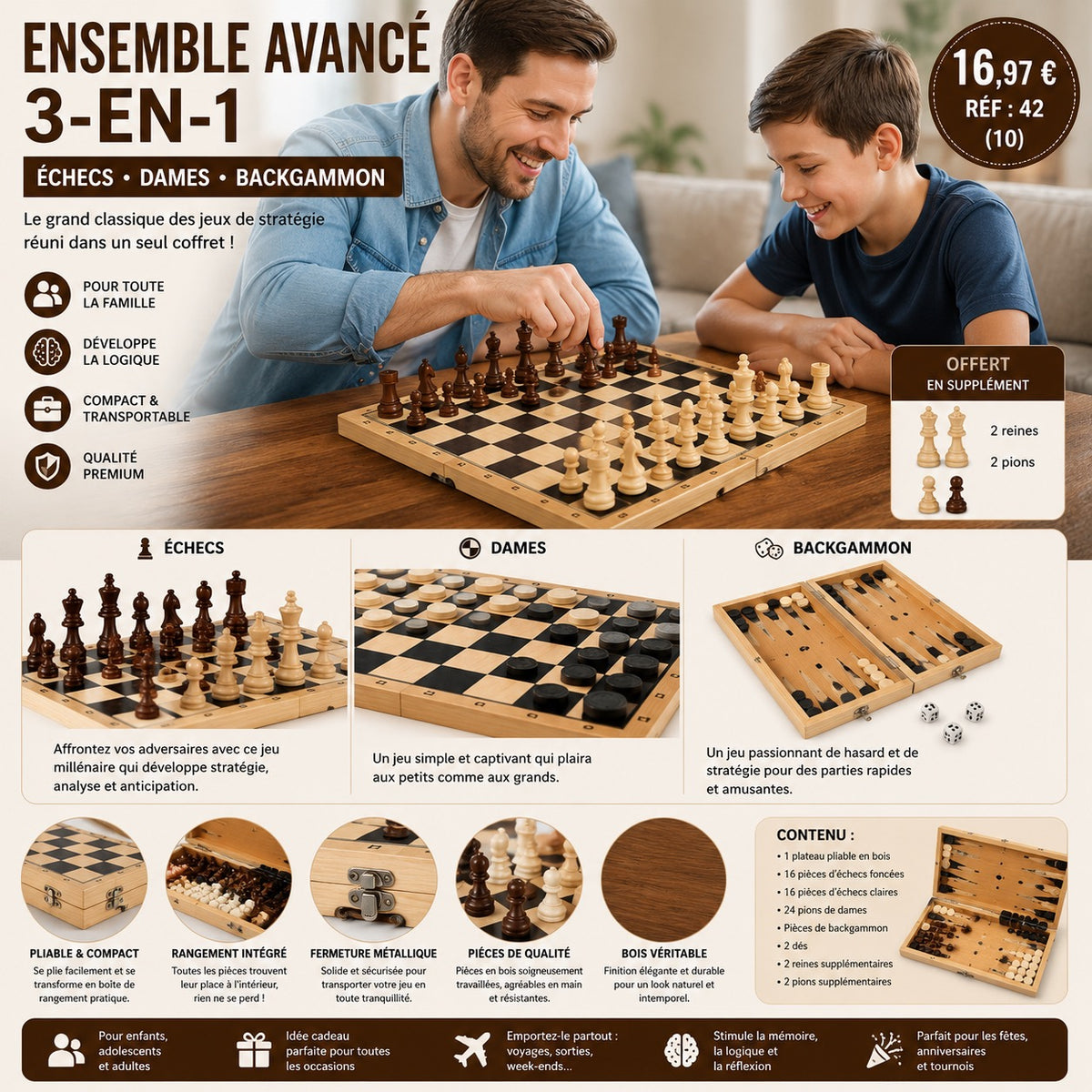 ENSEMBLE ÉCHECS 3-EN-1 EN BOIS – ÉCHECS ♟️ DAMES ⚪⚫ BACKGAMMON 🎲 ✨