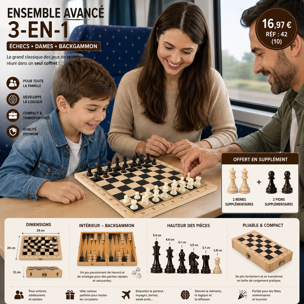 ENSEMBLE ÉCHECS 3-EN-1 EN BOIS – ÉCHECS ♟️ DAMES ⚪⚫ BACKGAMMON 🎲 ✨
