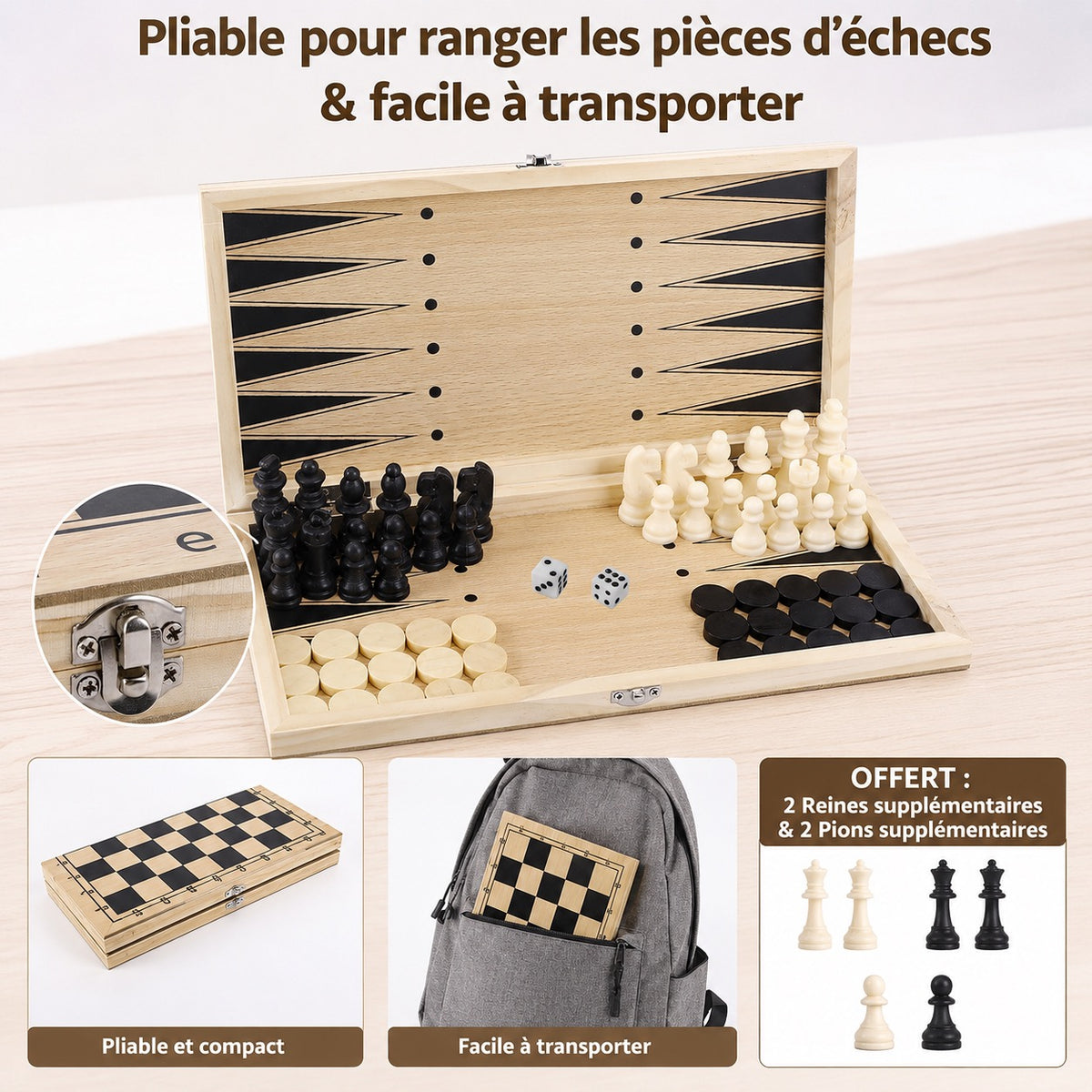 ENSEMBLE ÉCHECS 3-EN-1 EN BOIS – ÉCHECS ♟️ DAMES ⚪⚫ BACKGAMMON 🎲 ✨