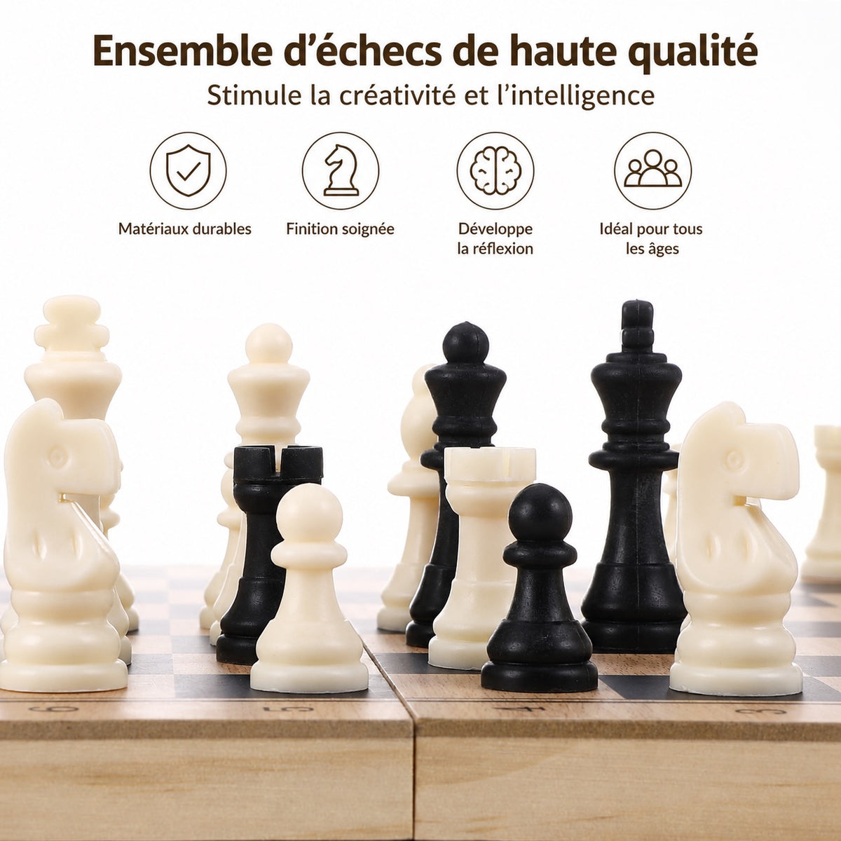 ENSEMBLE ÉCHECS 3-EN-1 EN BOIS – ÉCHECS ♟️ DAMES ⚪⚫ BACKGAMMON 🎲 ✨